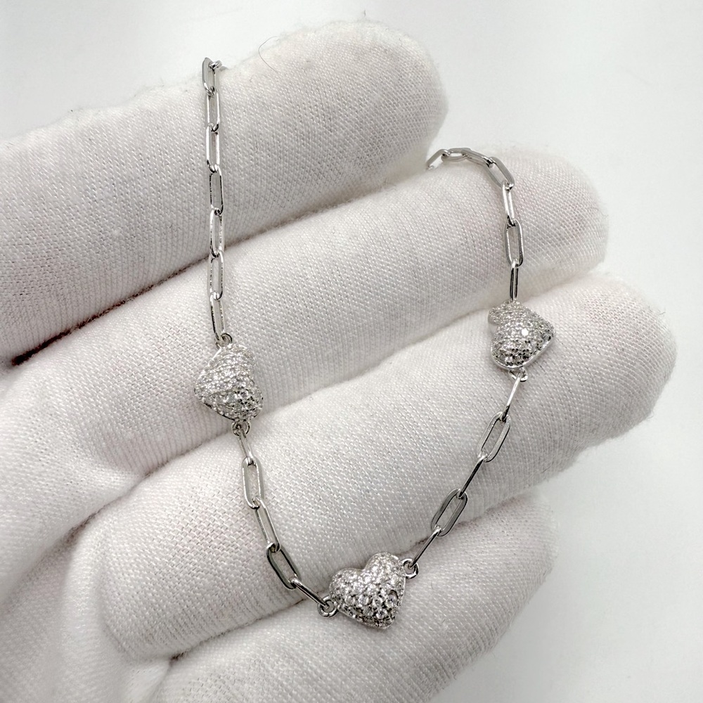 7” .925 Sterling Silver Cz Heart Bracelet - Picture 12 of 13